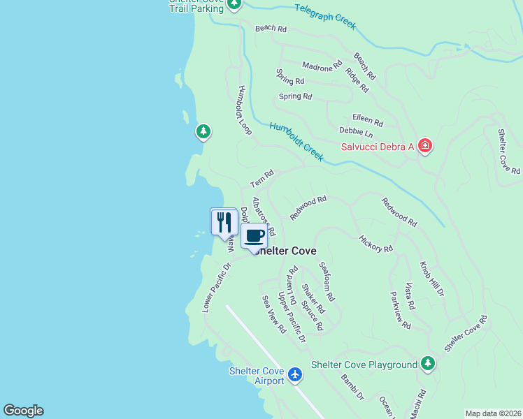 map of restaurants, bars, coffee shops, grocery stores, and more near 776-786 Upper Pacific Drive in Whitethorn