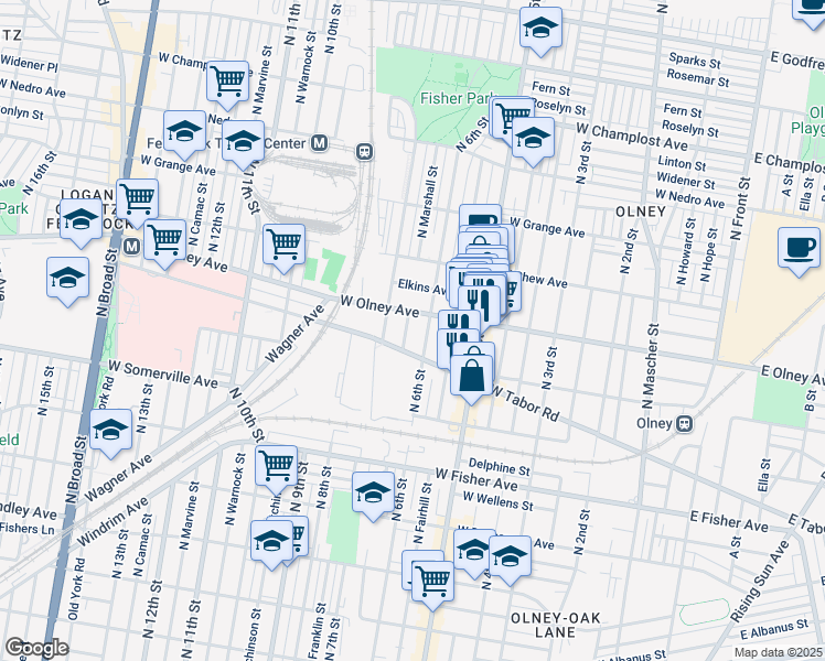 map of restaurants, bars, coffee shops, grocery stores, and more near 5521 North Marshall Street in Philadelphia