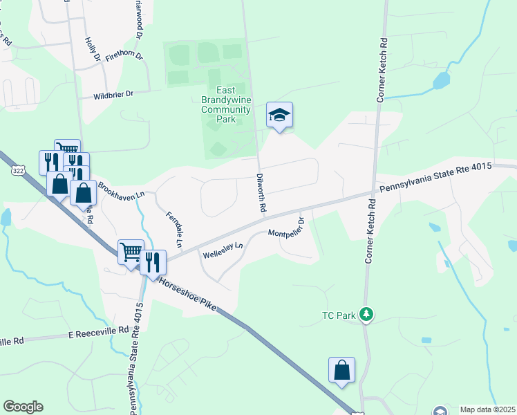map of restaurants, bars, coffee shops, grocery stores, and more near 402 Dilworth Road in Downingtown