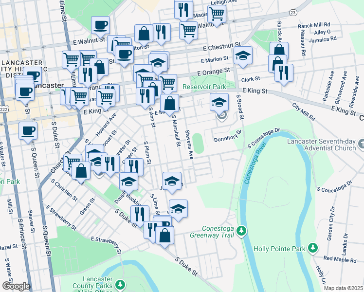 map of restaurants, bars, coffee shops, grocery stores, and more near 213 South Marshall Street in Lancaster