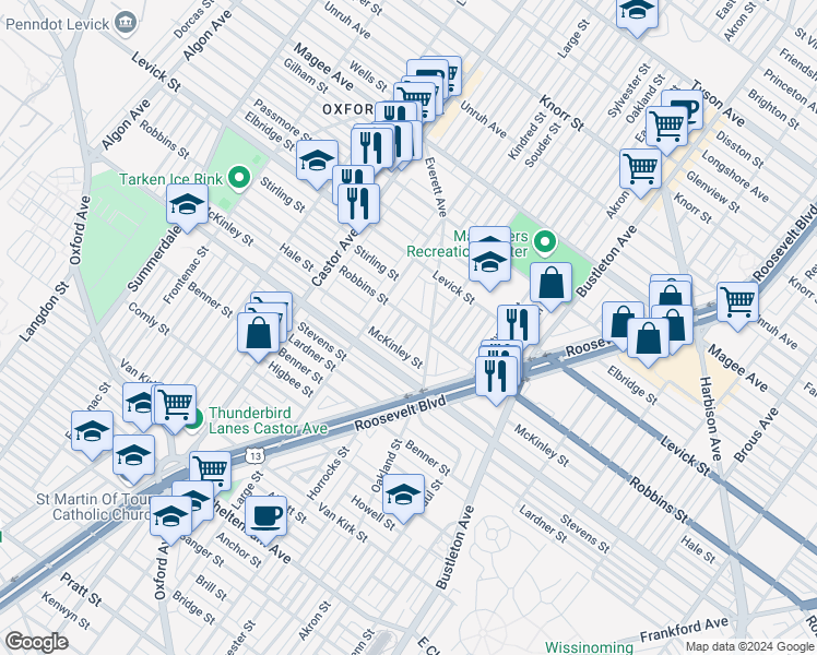 map of restaurants, bars, coffee shops, grocery stores, and more near 6294 Souder Street in Philadelphia