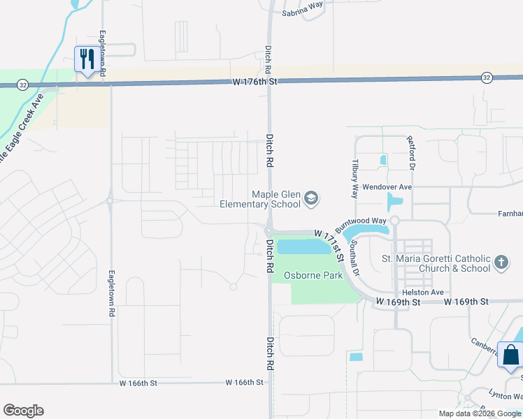 map of restaurants, bars, coffee shops, grocery stores, and more near 17303 Ditch Road in Westfield