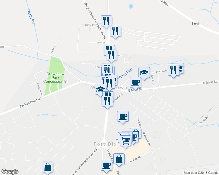 map of restaurants, bars, coffee shops, grocery stores, and more near East Main Street & Fort Dix Street in Wrightstown