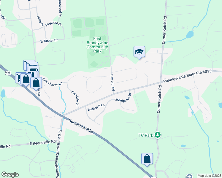 map of restaurants, bars, coffee shops, grocery stores, and more near 402 Dilworth Road in Downingtown
