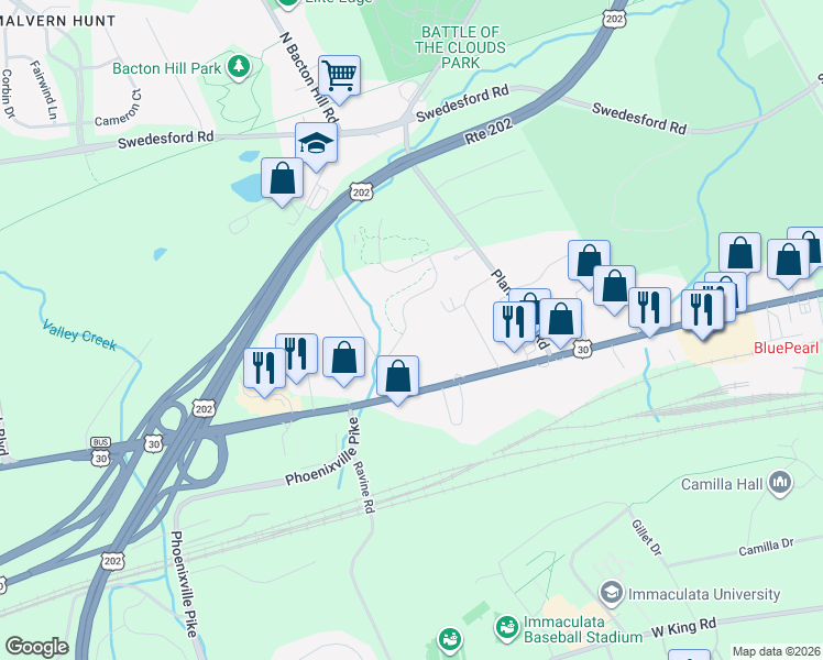 map of restaurants, bars, coffee shops, grocery stores, and more near 166 Mulberry drive in Malvern