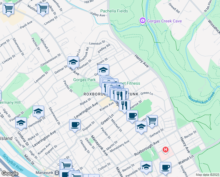 map of restaurants, bars, coffee shops, grocery stores, and more near 6219 Ridge Avenue in Philadelphia