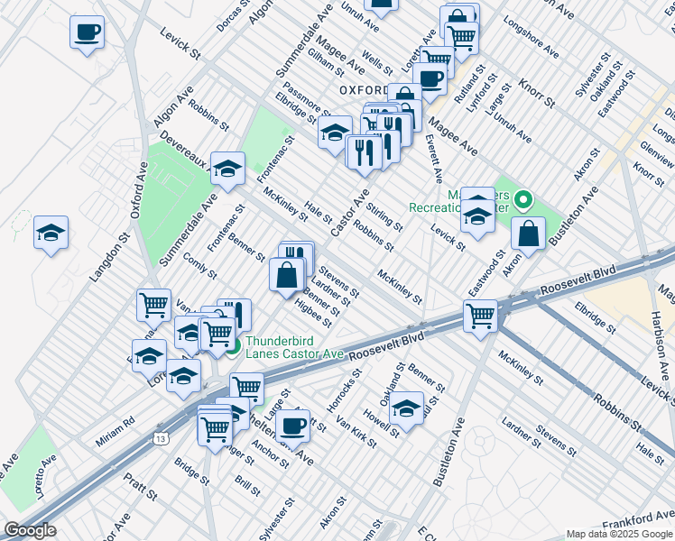 map of restaurants, bars, coffee shops, grocery stores, and more near 1428 Devereaux Avenue in Philadelphia