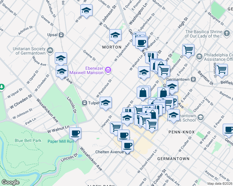 map of restaurants, bars, coffee shops, grocery stores, and more near 236 West Walnut Lane in Philadelphia