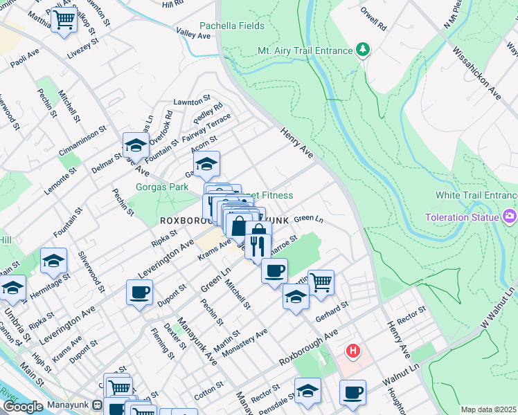 map of restaurants, bars, coffee shops, grocery stores, and more near 547 Leverington Avenue in Philadelphia
