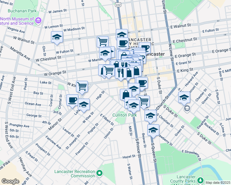 map of restaurants, bars, coffee shops, grocery stores, and more near 231 West Vine Street in Lancaster