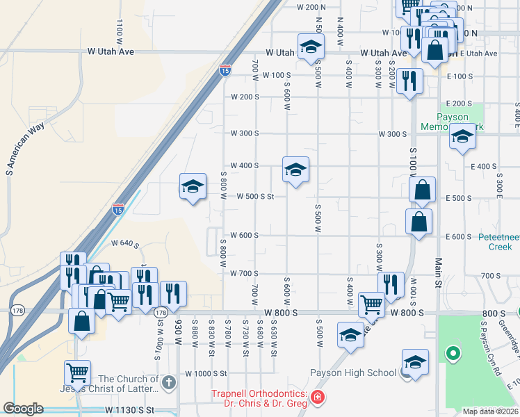 map of restaurants, bars, coffee shops, grocery stores, and more near 533 700 West in Payson
