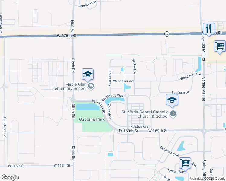 map of restaurants, bars, coffee shops, grocery stores, and more near 1059 Lichfield Lane in Westfield