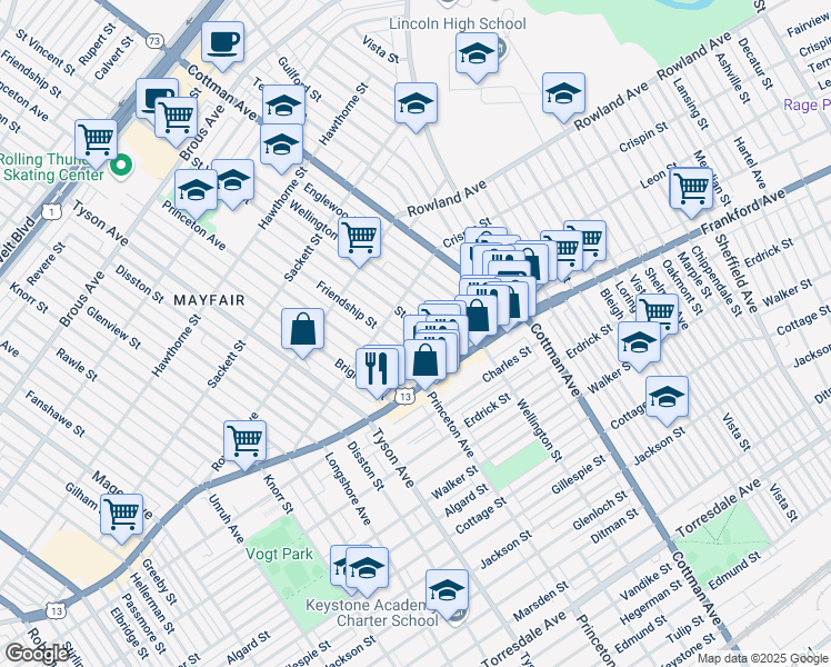 map of restaurants, bars, coffee shops, grocery stores, and more near 3436 Saint Vincent Street in Philadelphia