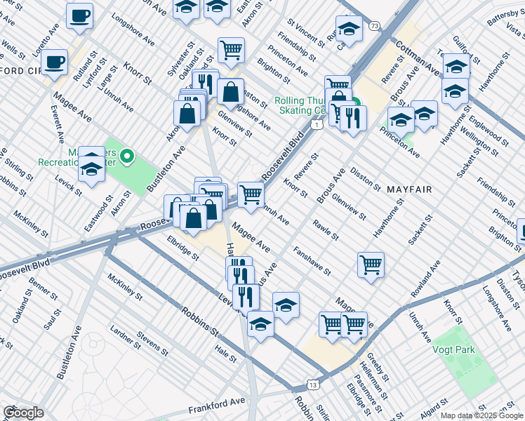 map of restaurants, bars, coffee shops, grocery stores, and more near 2720 Unruh Avenue in Philadelphia