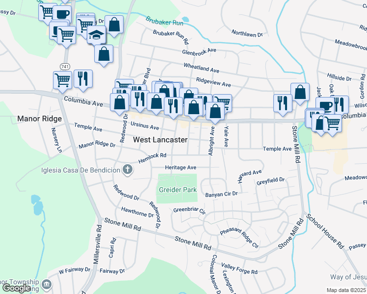 map of restaurants, bars, coffee shops, grocery stores, and more near 112 Colgate Avenue in Lancaster