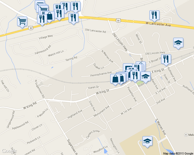 map of restaurants, bars, coffee shops, grocery stores, and more near 184 Pennsylvania Avenue in Malvern