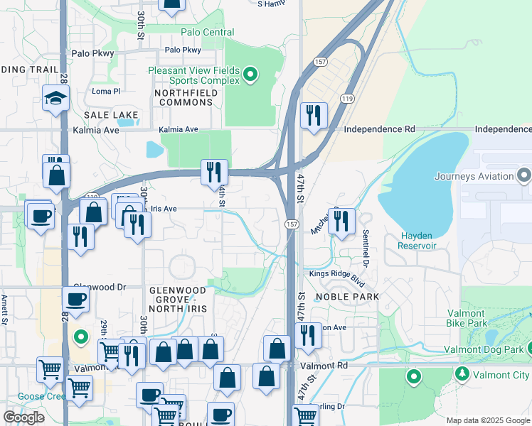 map of restaurants, bars, coffee shops, grocery stores, and more near 3790 Iris Avenue in Boulder