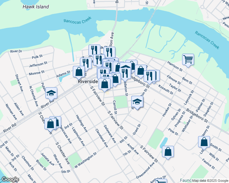 map of restaurants, bars, coffee shops, grocery stores, and more near 30 Webster Street in Riverside