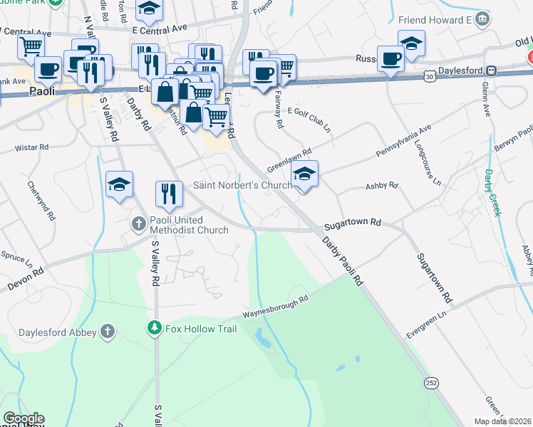 map of restaurants, bars, coffee shops, grocery stores, and more near 540 Foxwood Lane in Paoli