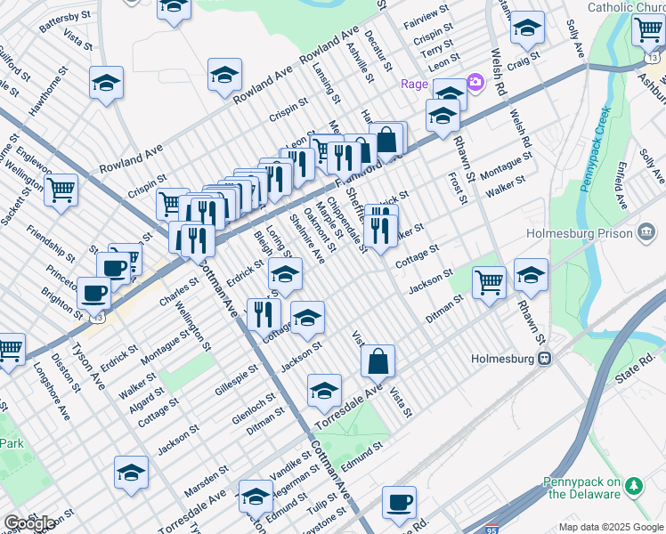 map of restaurants, bars, coffee shops, grocery stores, and more near 4313 Shelmire Avenue in Philadelphia