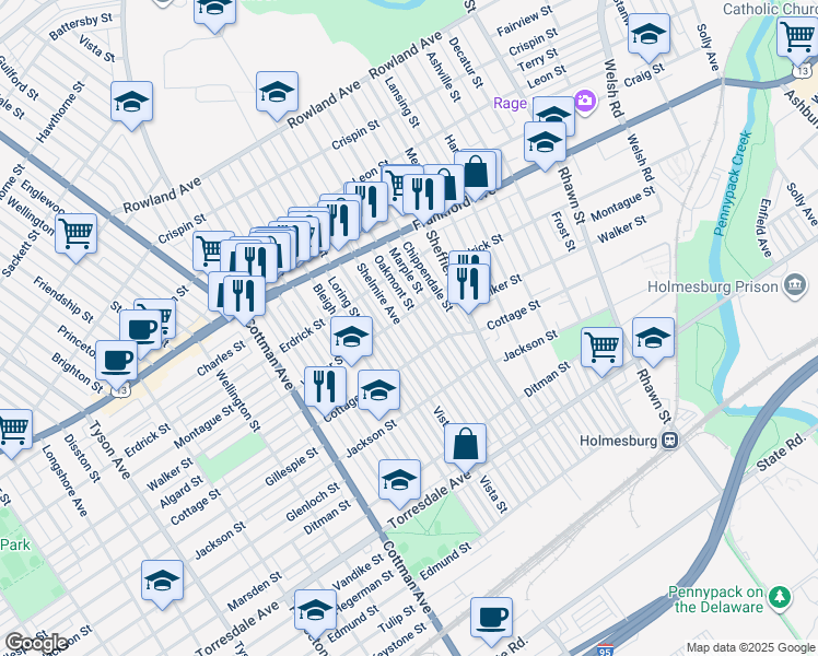 map of restaurants, bars, coffee shops, grocery stores, and more near 4313 Shelmire Avenue in Philadelphia