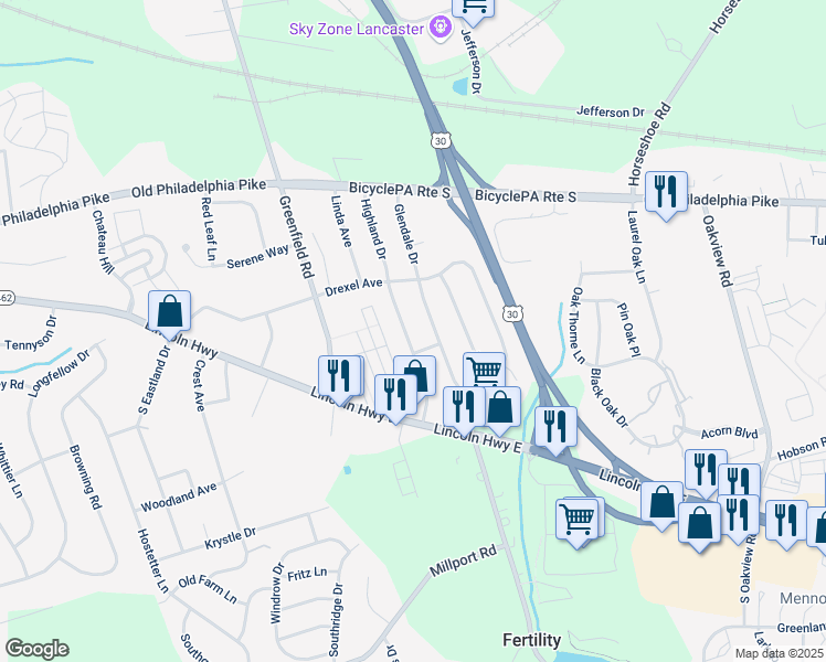 map of restaurants, bars, coffee shops, grocery stores, and more near 39 Highland Drive in Lancaster