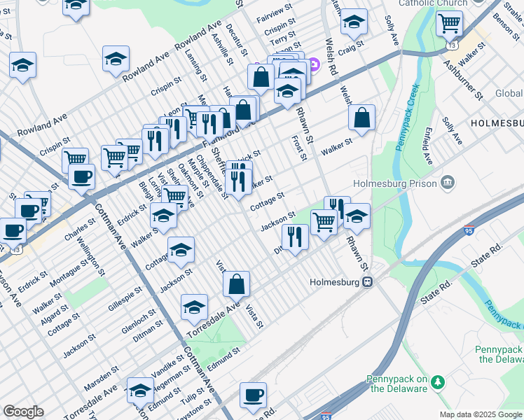 map of restaurants, bars, coffee shops, grocery stores, and more near 4402 McMenamy Street in Philadelphia