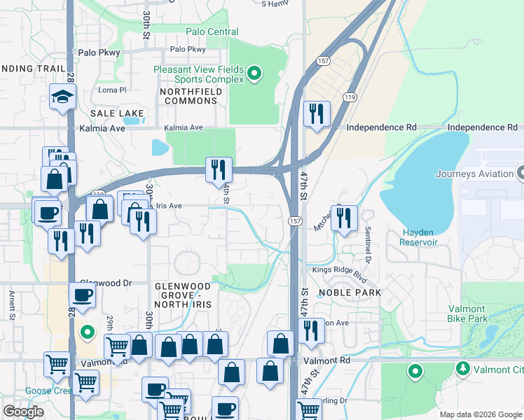 map of restaurants, bars, coffee shops, grocery stores, and more near 3673 Iris Avenue in Boulder