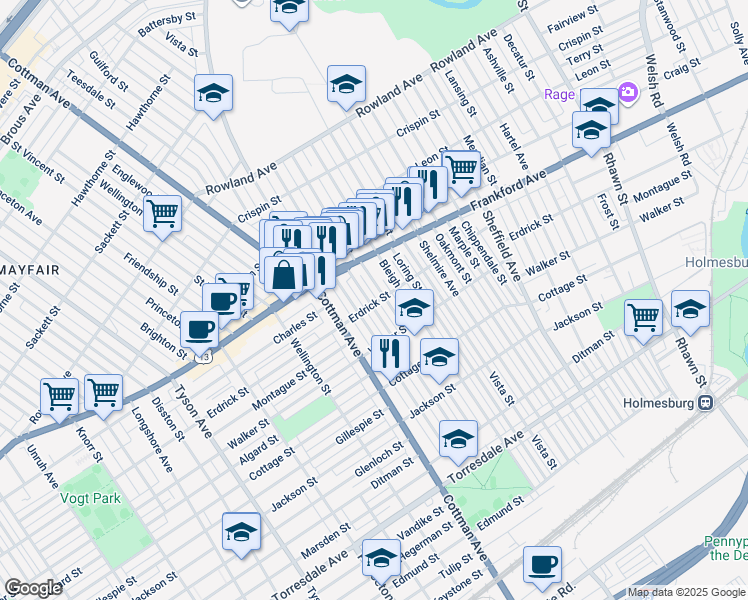 map of restaurants, bars, coffee shops, grocery stores, and more near 4057 Aldine Street in Philadelphia