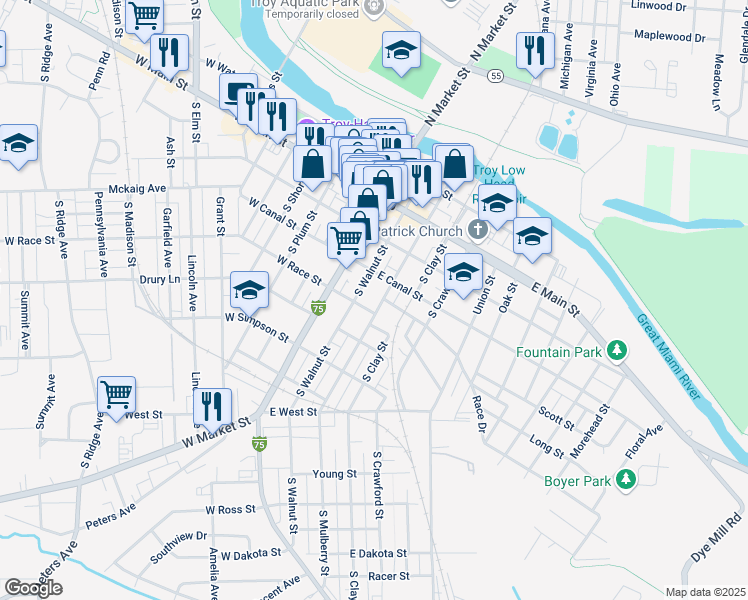 map of restaurants, bars, coffee shops, grocery stores, and more near 100 East Race Street in Troy