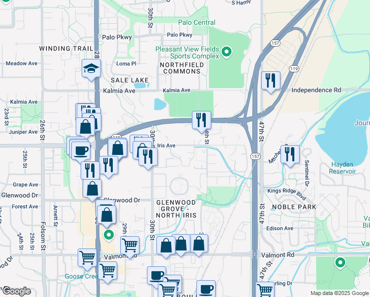 map of restaurants, bars, coffee shops, grocery stores, and more near 3240 Iris Avenue in Boulder