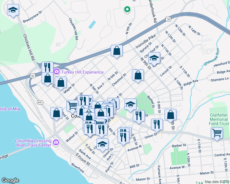 map of restaurants, bars, coffee shops, grocery stores, and more near 122 North 6th Street in Columbia