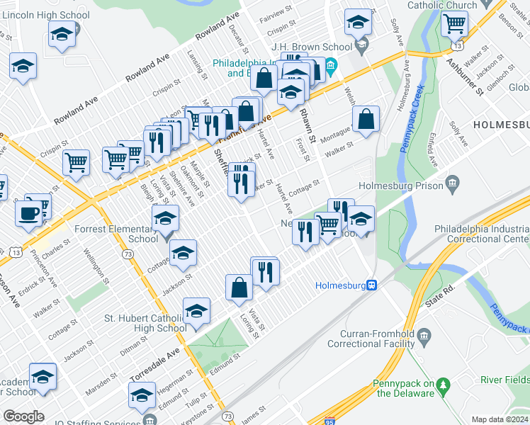 map of restaurants, bars, coffee shops, grocery stores, and more near 4402B McMenamy Street in Philadelphia