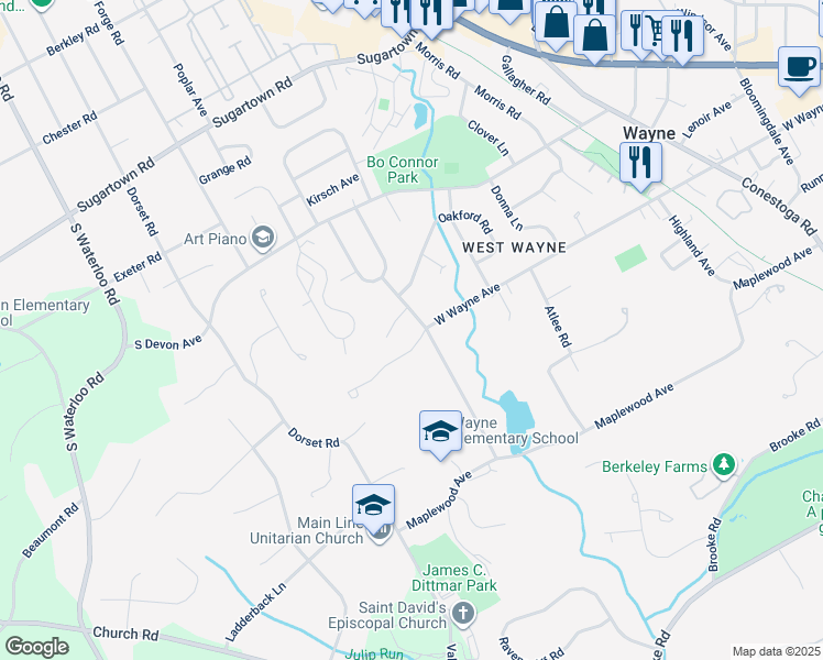 map of restaurants, bars, coffee shops, grocery stores, and more near 501 Crestview Road in Wayne
