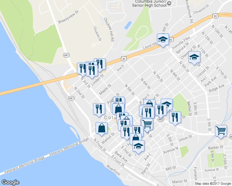 map of restaurants, bars, coffee shops, grocery stores, and more near 403 Poplar Street in Columbia