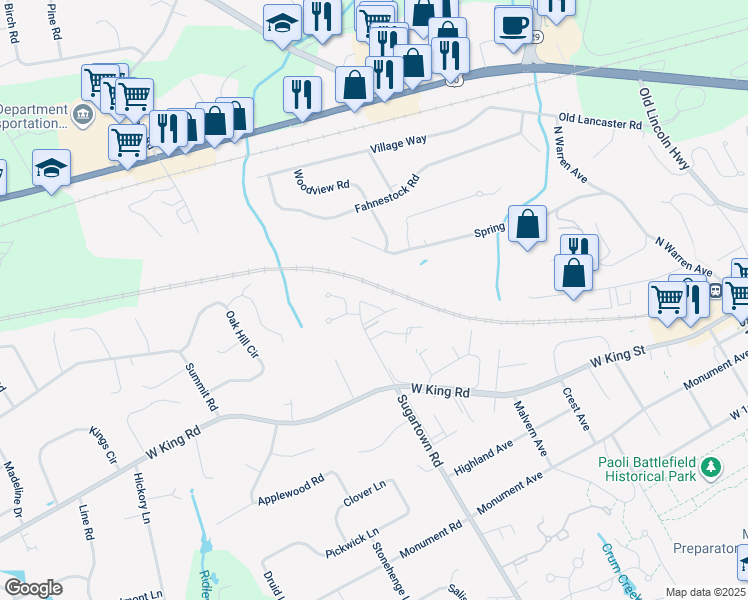 map of restaurants, bars, coffee shops, grocery stores, and more near 107 Inis Way in Malvern