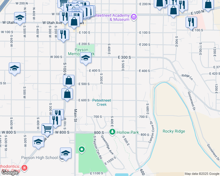 map of restaurants, bars, coffee shops, grocery stores, and more near 392 East 500 South in Payson