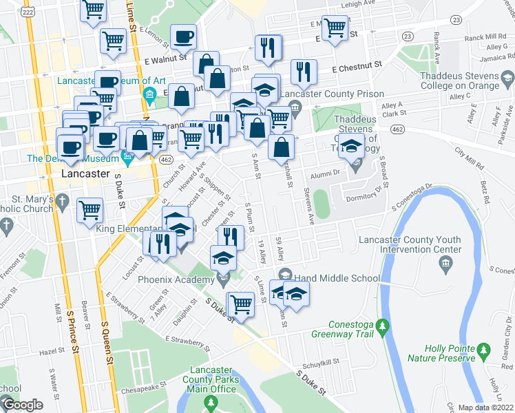 map of restaurants, bars, coffee shops, grocery stores, and more near 204 South Ann Street in Lancaster