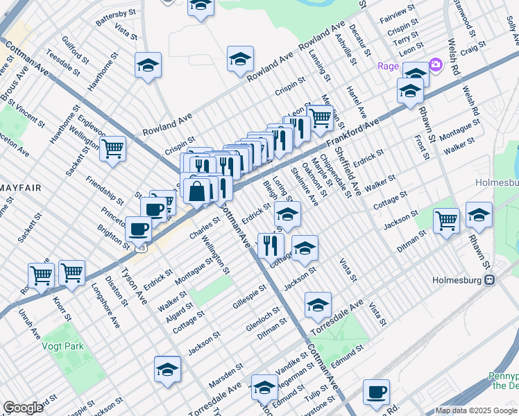 map of restaurants, bars, coffee shops, grocery stores, and more near 4057 Aldine Street in Philadelphia