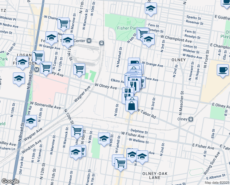 map of restaurants, bars, coffee shops, grocery stores, and more near 5523 North Marshall Street in Philadelphia