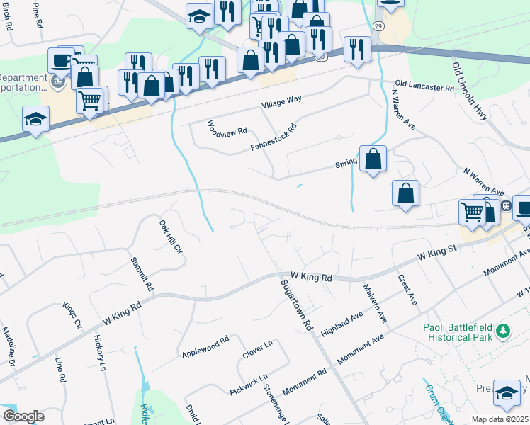map of restaurants, bars, coffee shops, grocery stores, and more near 107 Inis Way in Malvern