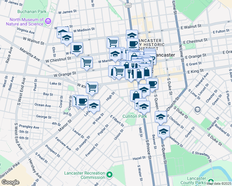 map of restaurants, bars, coffee shops, grocery stores, and more near 101 West Strawberry Street in Lancaster