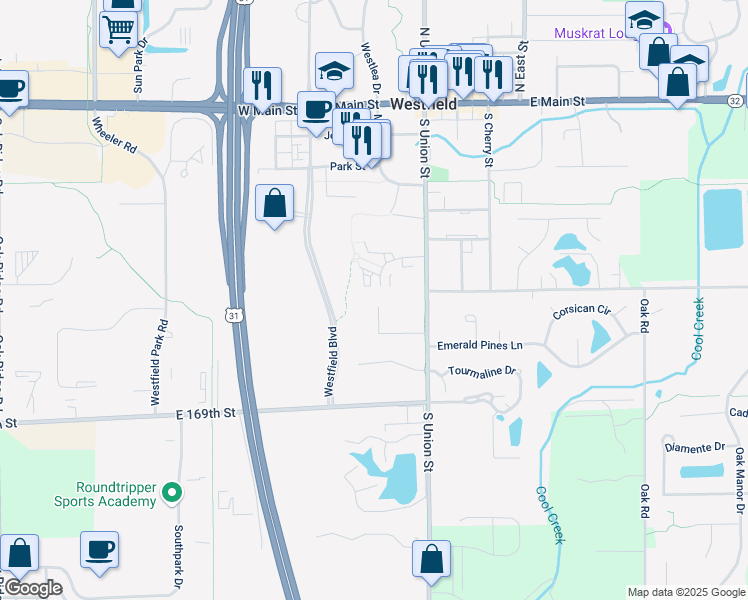 map of restaurants, bars, coffee shops, grocery stores, and more near 605 Southridge Court in Westfield