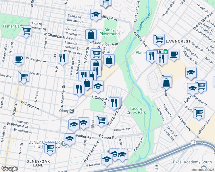 map of restaurants, bars, coffee shops, grocery stores, and more near E Chew Ave & B St in Philadelphia
