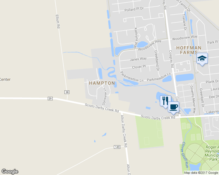 map of restaurants, bars, coffee shops, grocery stores, and more near 4236 Stream Bank Lane in Hilliard
