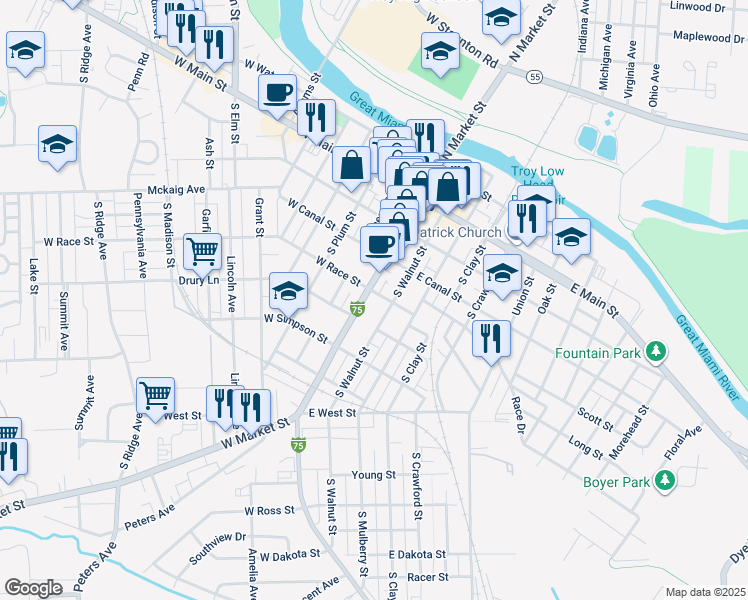 map of restaurants, bars, coffee shops, grocery stores, and more near 305 South Market Street in Troy
