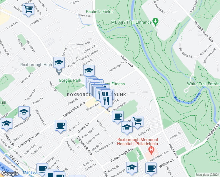 map of restaurants, bars, coffee shops, grocery stores, and more near 545 Leverington Avenue in Philadelphia