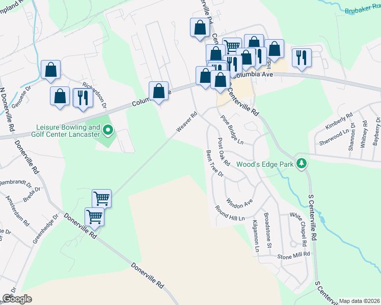 map of restaurants, bars, coffee shops, grocery stores, and more near 145 Weaver Road in Lancaster