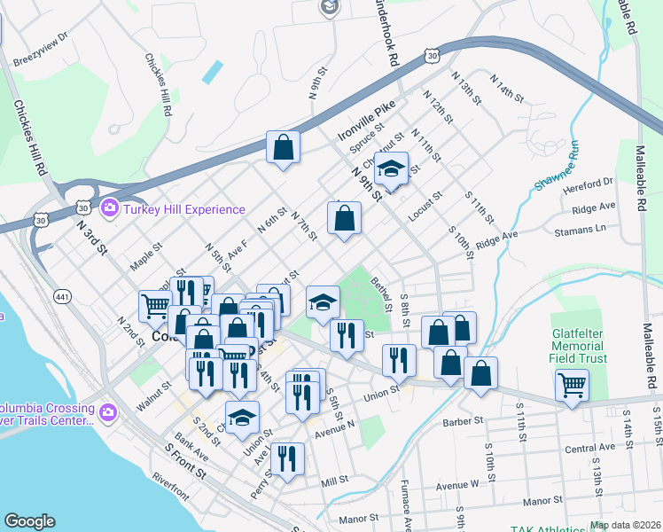 map of restaurants, bars, coffee shops, grocery stores, and more near 29 North 7th Street in Columbia