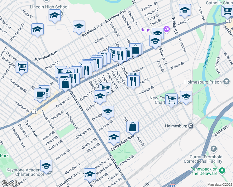 map of restaurants, bars, coffee shops, grocery stores, and more near 4311 Shelmire Avenue in Philadelphia